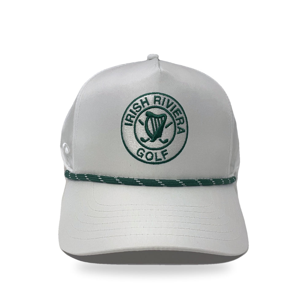 Irish Riviera Golf Rope Cap in The Birdie, white with green rope, front view