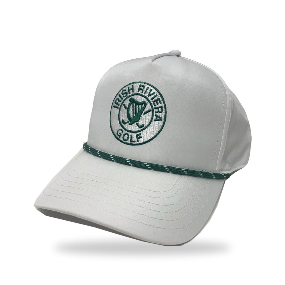 Irish Riviera Golf Rope Cap in The Birdie, white with green rope, three-quarter view