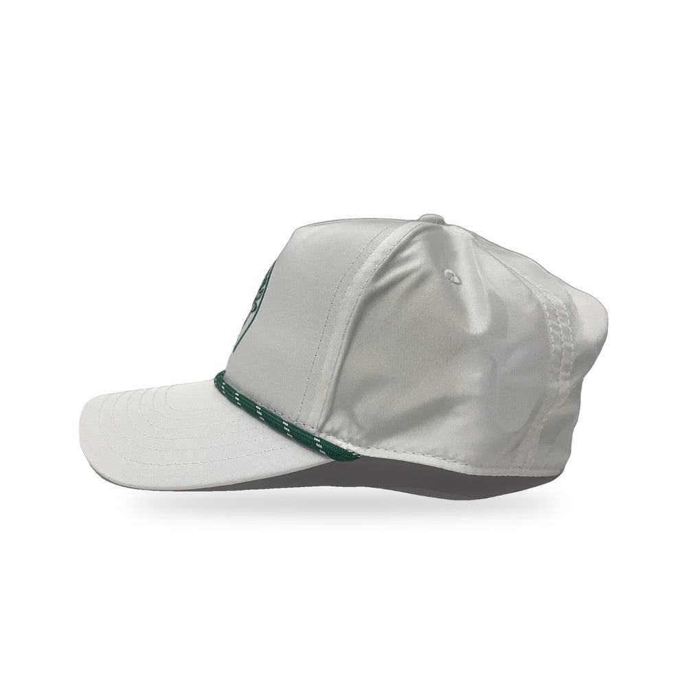 Irish Riviera Golf Rope Cap in The Birdie, white with green rope, side view