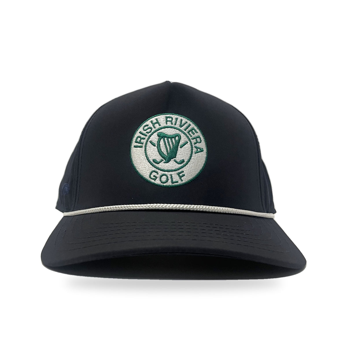 Irish Riviera Golf Rope Cap in The Classic, navy with green crest patch, front view