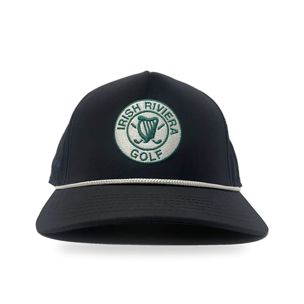 Irish Riviera Golf Rope Cap in The Classic, navy with green crest patch, front view