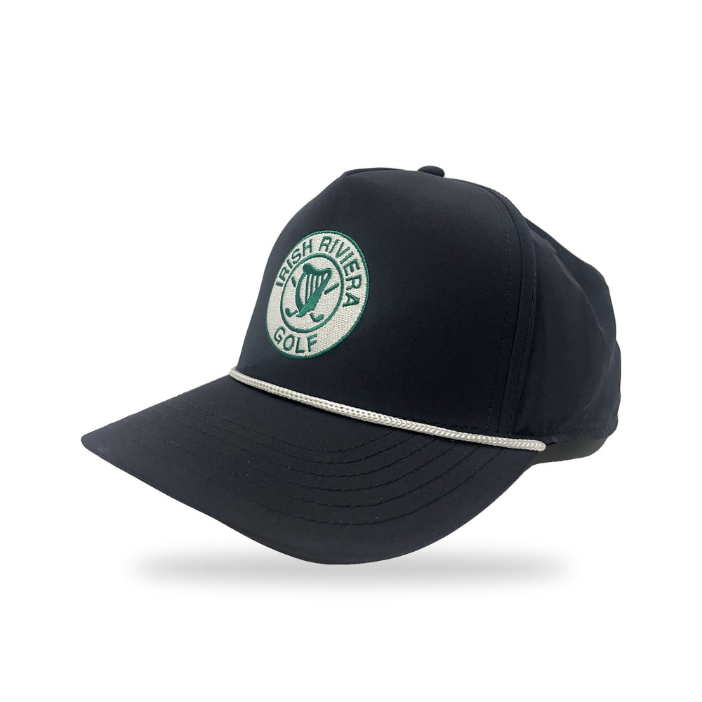 Irish Riviera Golf Rope Cap in The Classic, navy with white rope, three-quarter view