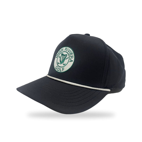 Irish Riviera Golf Rope Cap in The Classic, navy with white rope, three-quarter view
