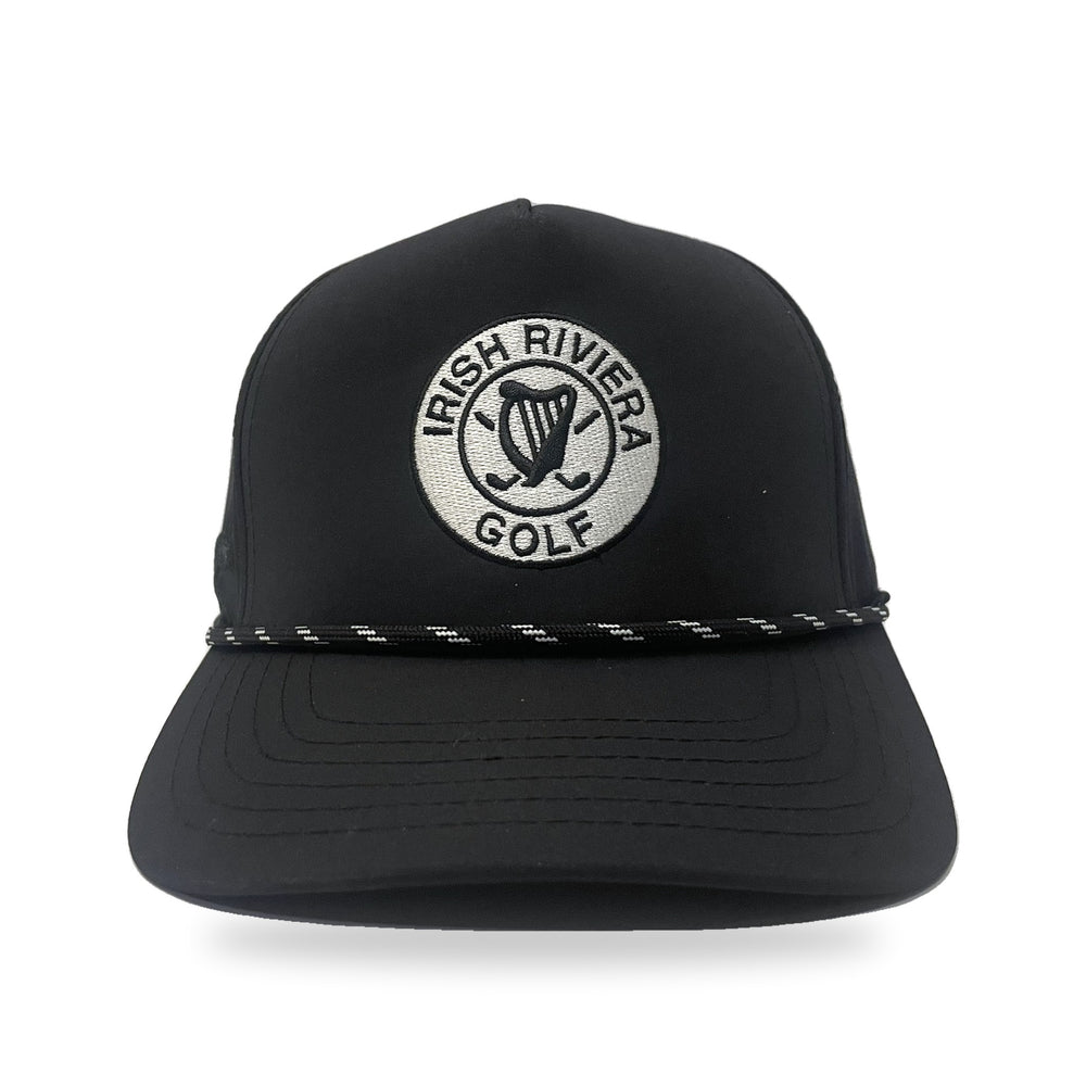 Irish Riviera Golf Rope Cap in The Dark Horse, black with black and white rope, front view