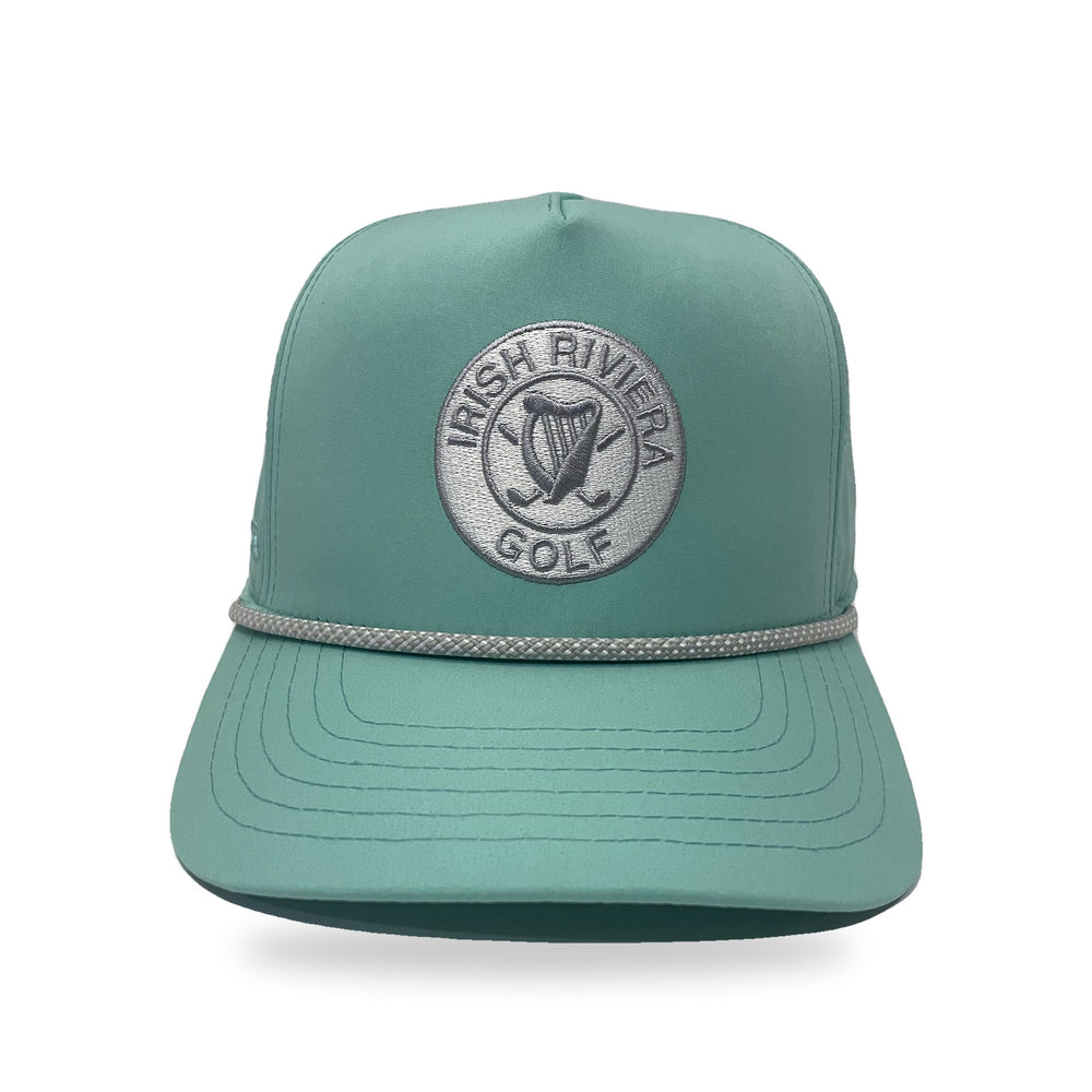 Irish Riviera Golf Rope Cap in The Sea Breeze, seafoam with gray crest patch, front view